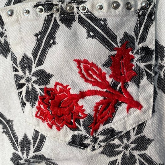 ISABEL MARANT BOLD RED FLORAL EMBROIDERED JEANS - Picture 7 of 11